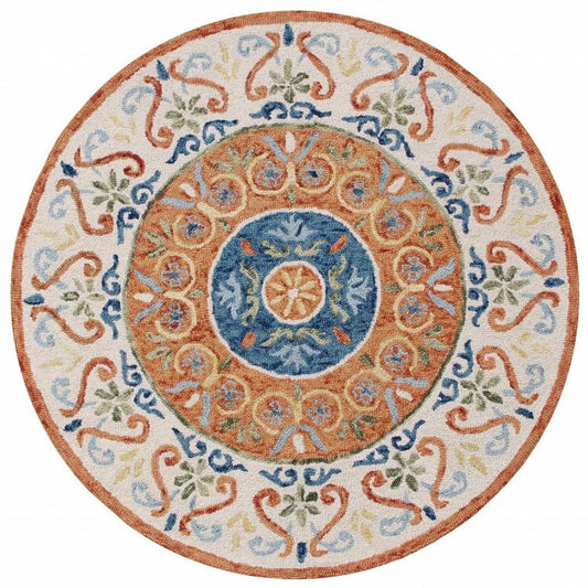 4' Round Orange Traditional Medallion Area Rug