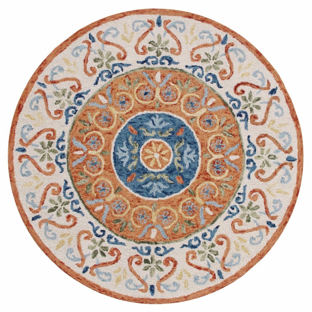 4' Round Orange Traditional Medallion Area Rug