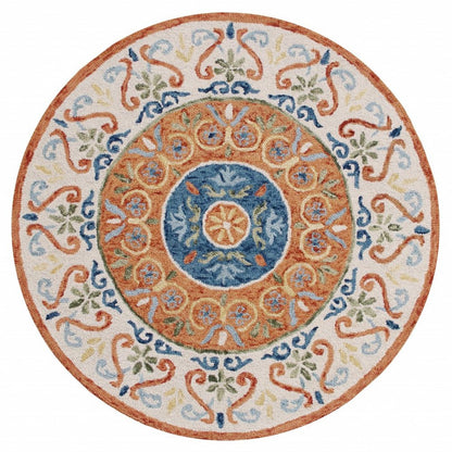 4' Round Orange Traditional Medallion Area Rug