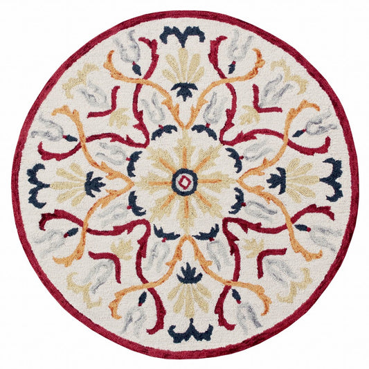 4' Round Red and Ivory Floral Filigree Area Rug