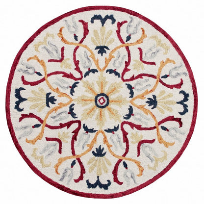 4' Round Red and Ivory Floral Filigree Area Rug