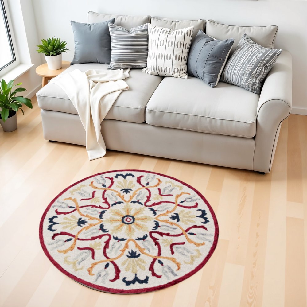 4' Round Red and Ivory Floral Filigree Area Rug