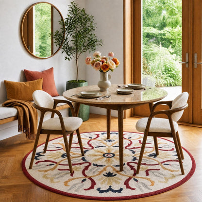 4' Round Red and Ivory Floral Filigree Area Rug