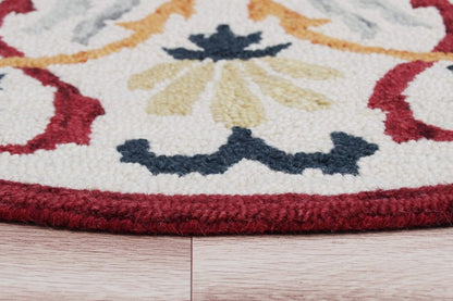 4' Round Red and Ivory Floral Filigree Area Rug