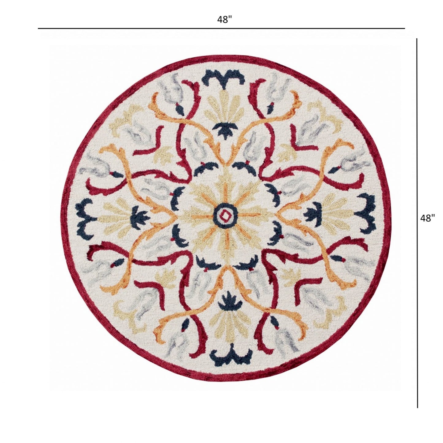 4' Round Red and Ivory Floral Filigree Area Rug