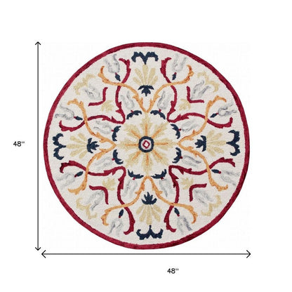 4' Round Red and Ivory Floral Filigree Area Rug
