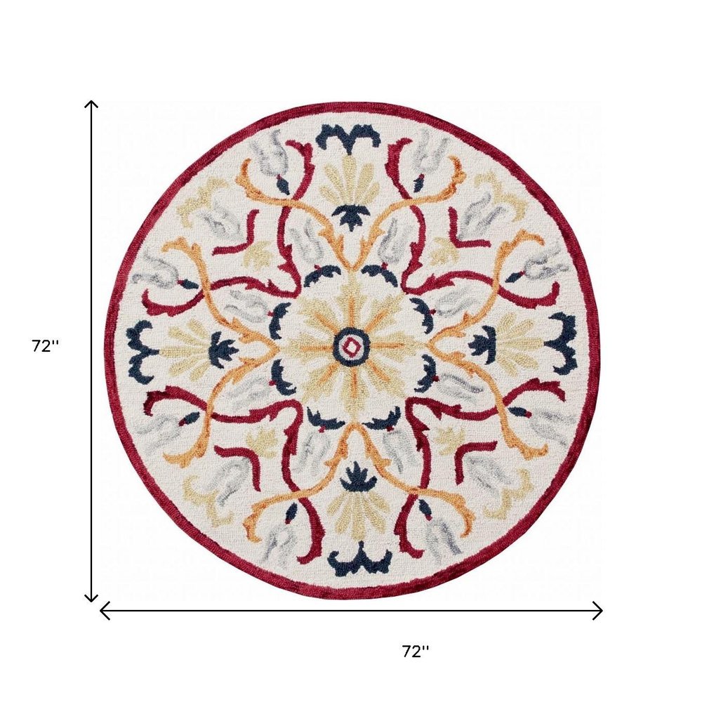 4' Round Red and Ivory Floral Filigree Area Rug