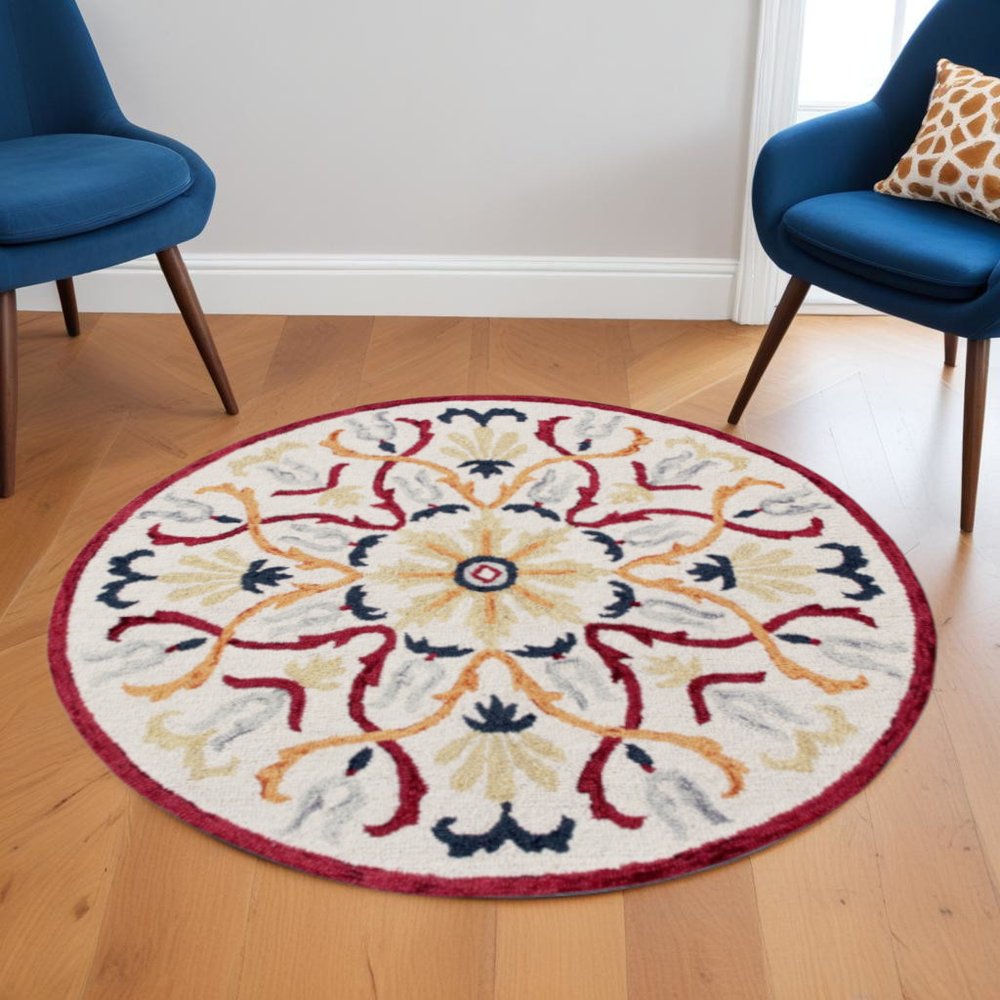 4' Round Red and Ivory Floral Filigree Area Rug