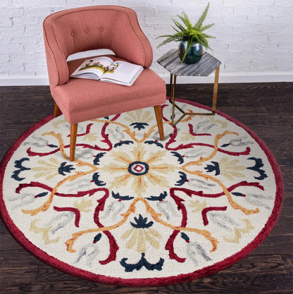 4' Round Red and Ivory Floral Filigree Area Rug