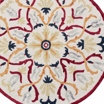 4' Round Red and Ivory Floral Filigree Area Rug