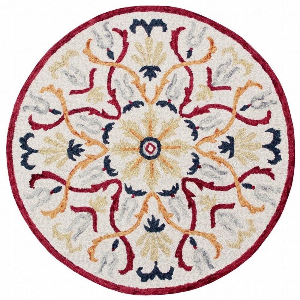 4' Round Red and Ivory Floral Filigree Area Rug