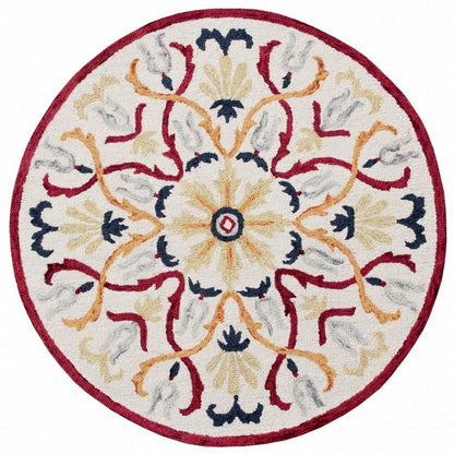 4' Round Red and Ivory Floral Filigree Area Rug