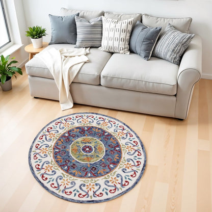 4' Round Blue and White Ornate Medallion Area Rug