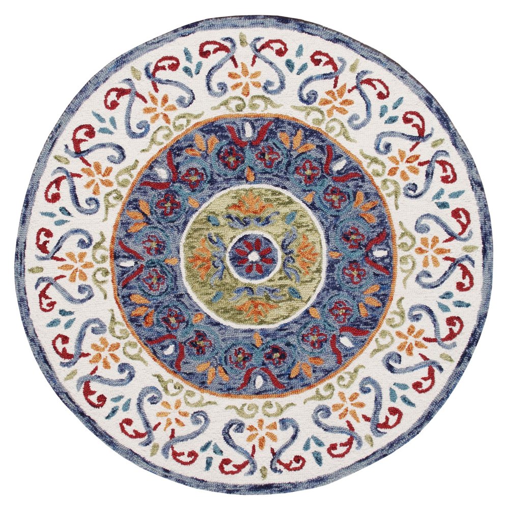 4' Round Blue and White Ornate Medallion Area Rug