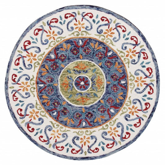 4' Round Blue and White Ornate Medallion Area Rug