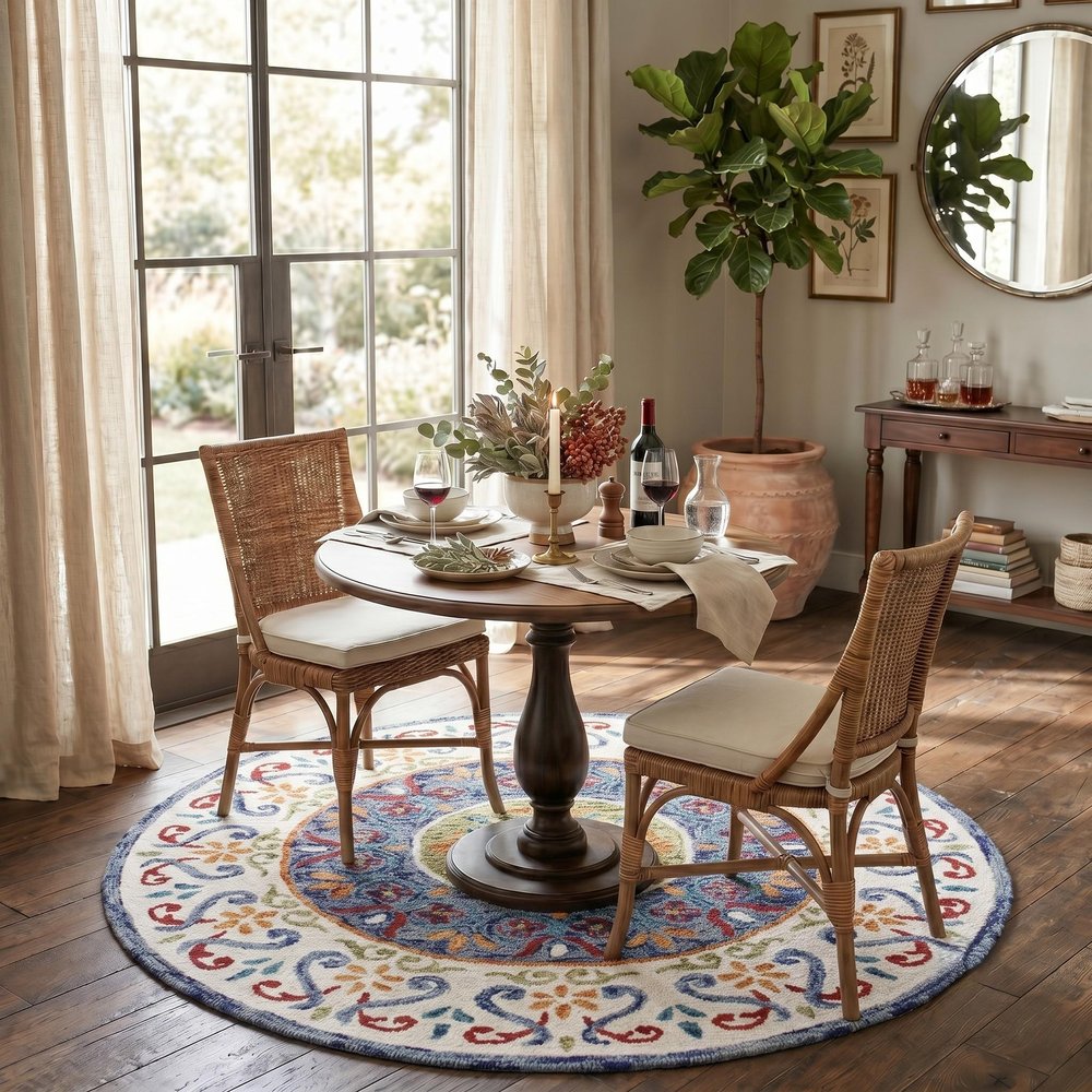 4' Round Blue and White Ornate Medallion Area Rug