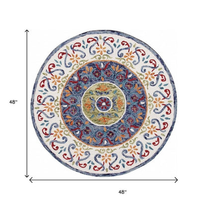 4' Round Blue and White Ornate Medallion Area Rug
