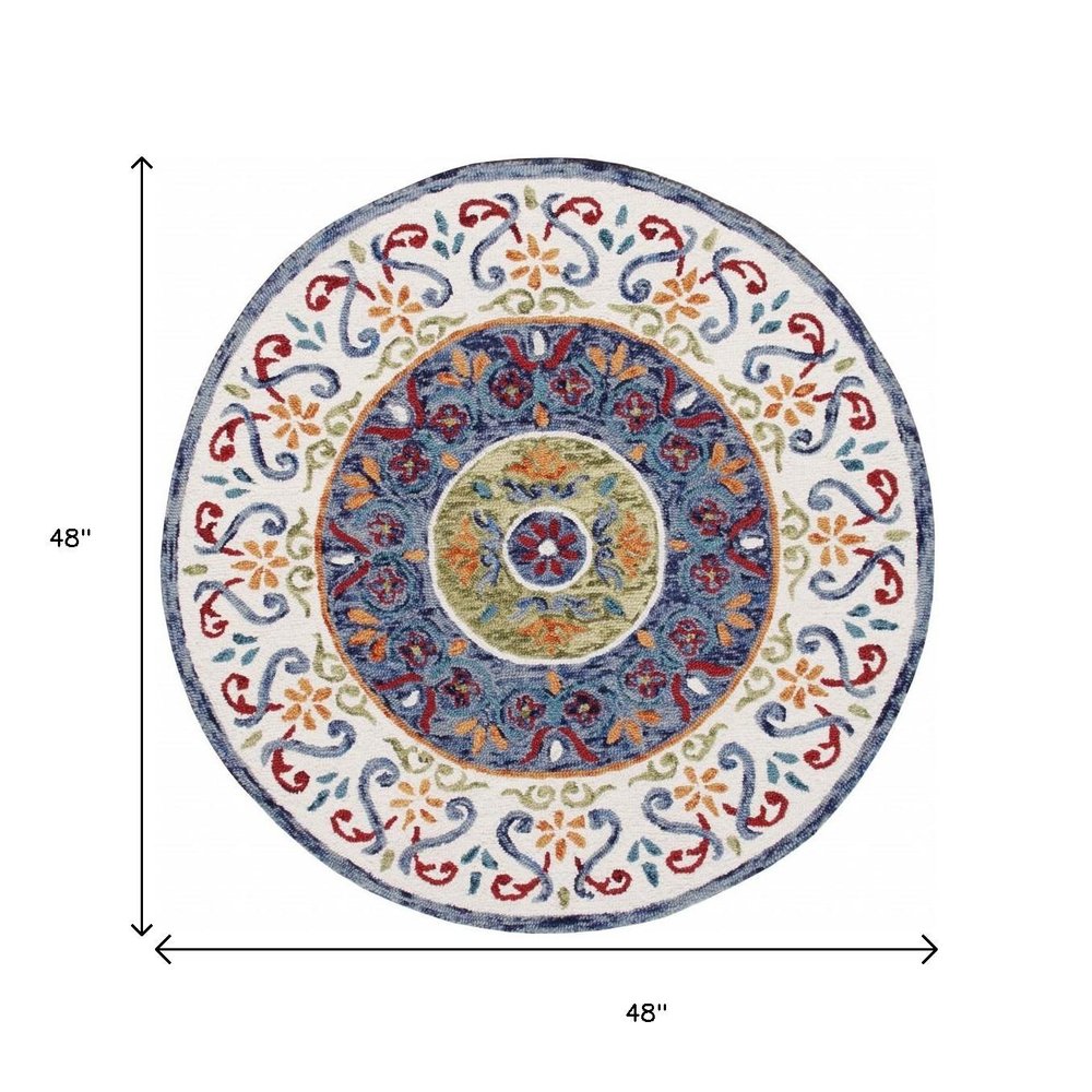 4' Round Blue and White Ornate Medallion Area Rug