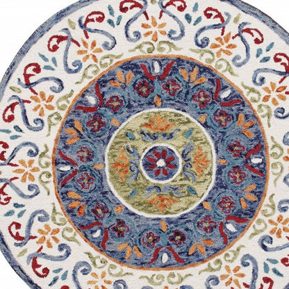 4' Round Blue and White Ornate Medallion Area Rug
