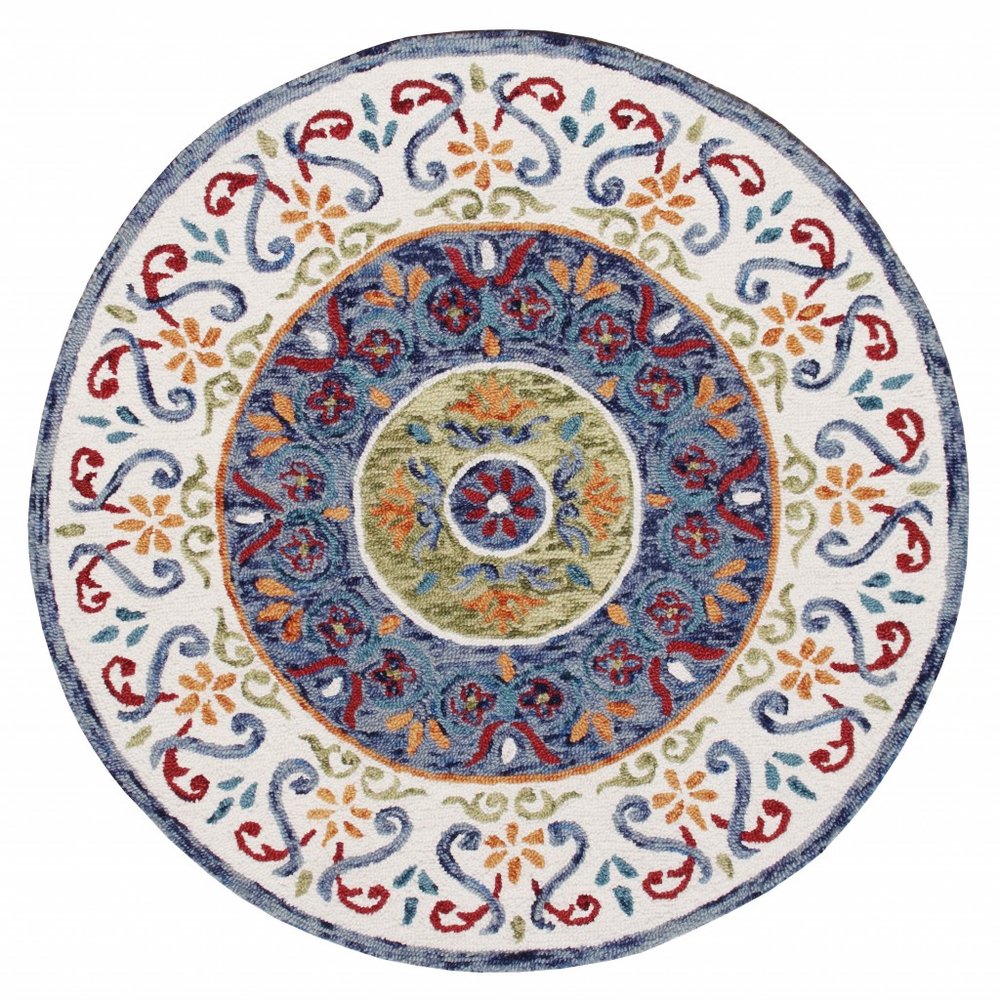 4' Round Blue and White Ornate Medallion Area Rug