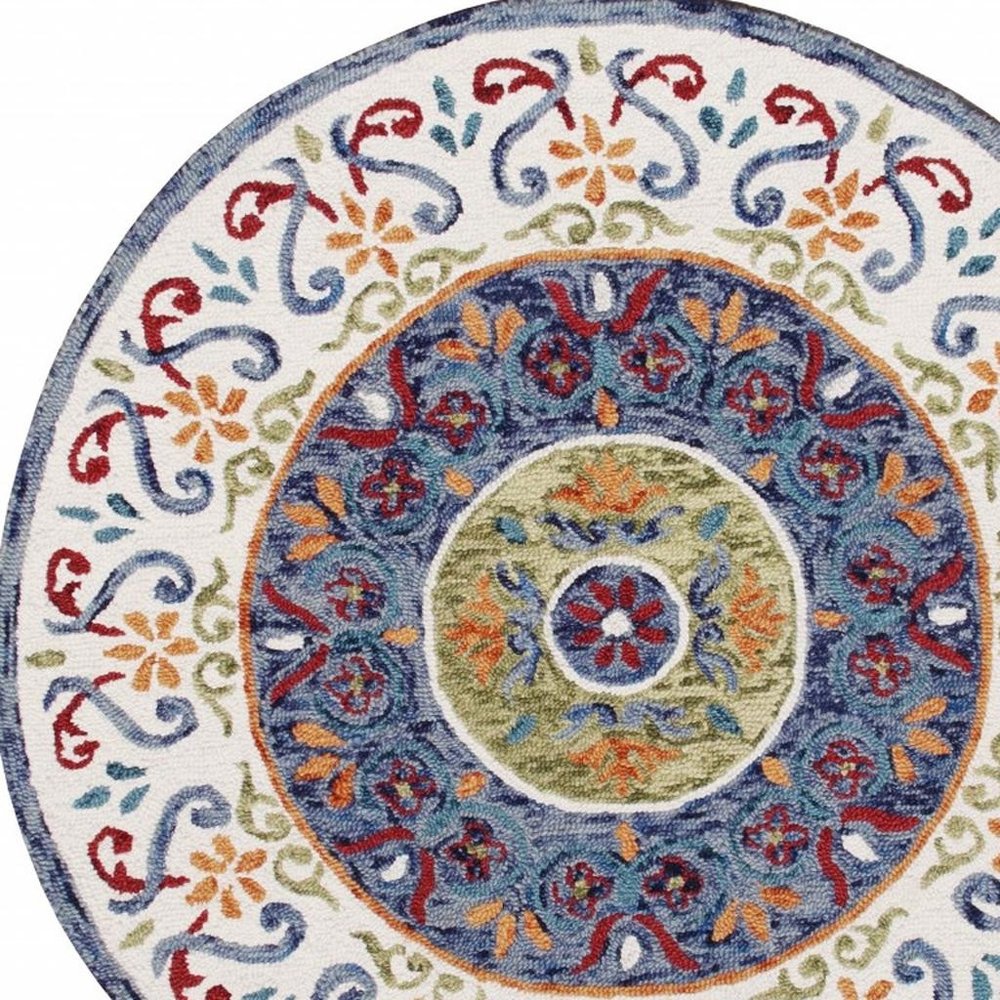 4' Round Blue and White Ornate Medallion Area Rug