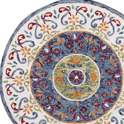 4' Round Blue and White Ornate Medallion Area Rug