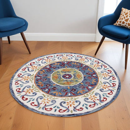 4' Round Blue and White Ornate Medallion Area Rug