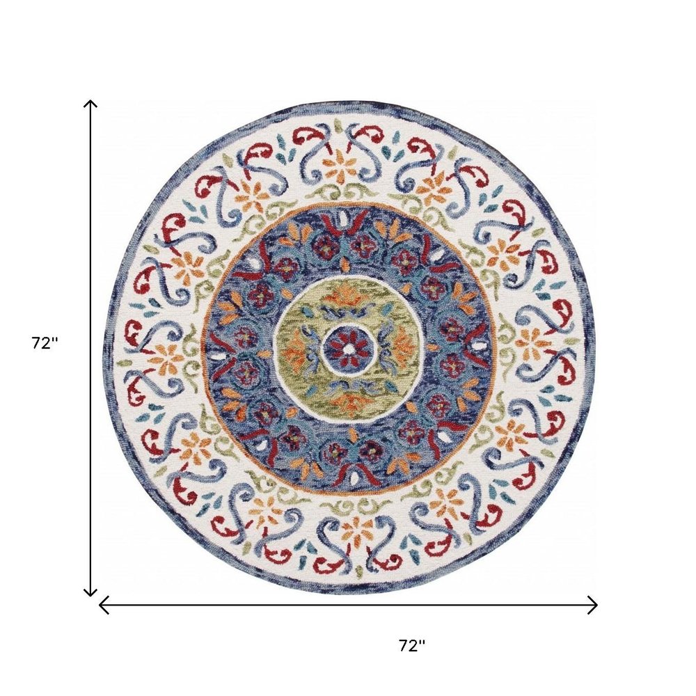 4' Round Blue and White Ornate Medallion Area Rug
