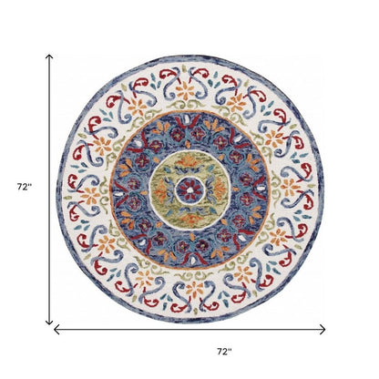 4' Round Blue and White Ornate Medallion Area Rug