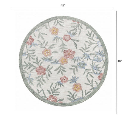 4' Round Gray Floral Traditional Area Rug
