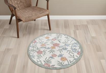 6' Ivory And Blue Round Wool Hand Hooked Handmade Area Rug