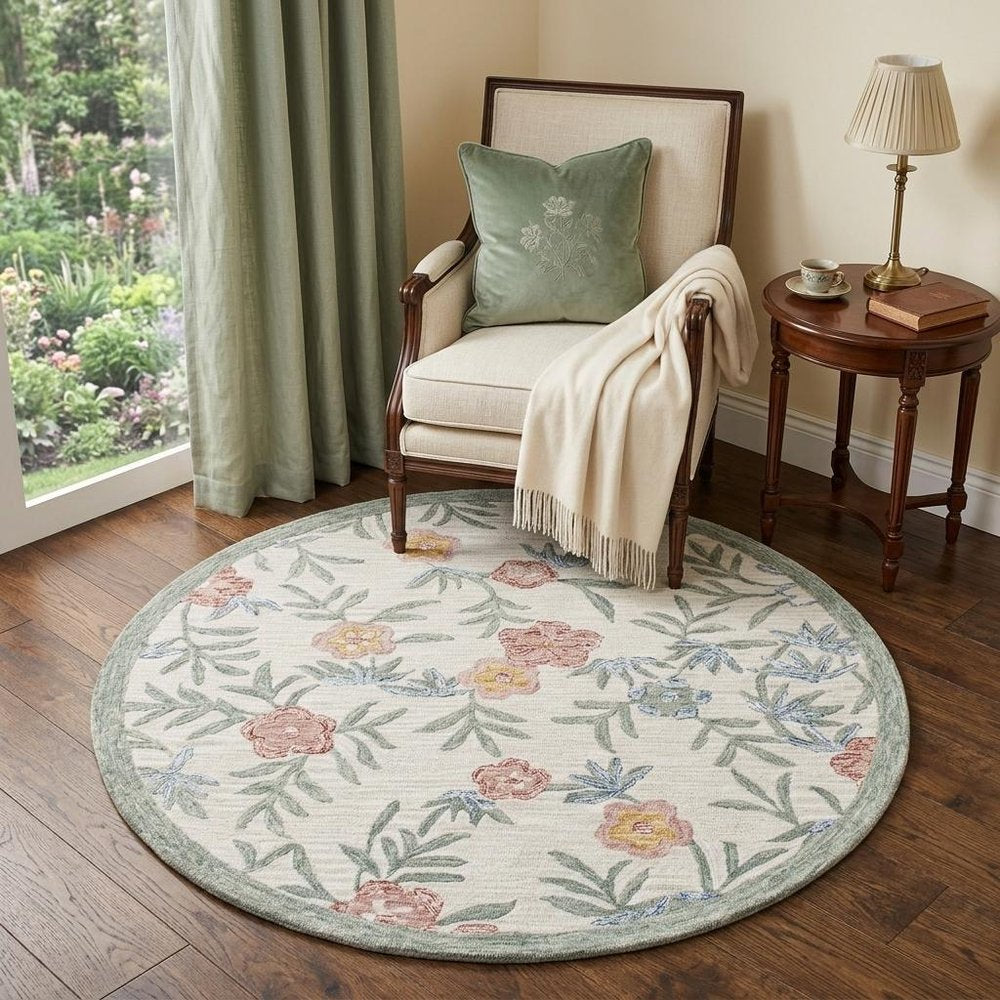6' Ivory And Blue Round Wool Hand Hooked Handmade Area Rug