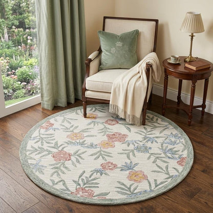 6' Ivory And Blue Round Wool Hand Hooked Handmade Area Rug