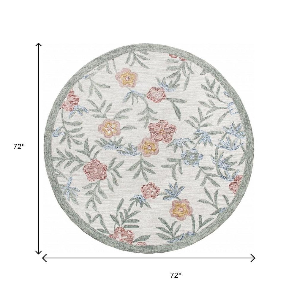 4' Round Gray Floral Traditional Area Rug