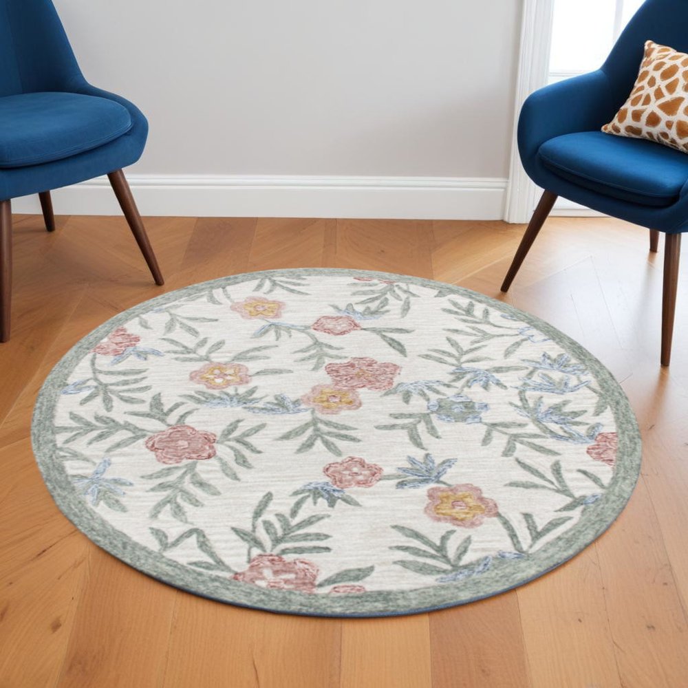 4' Round Gray Floral Traditional Area Rug