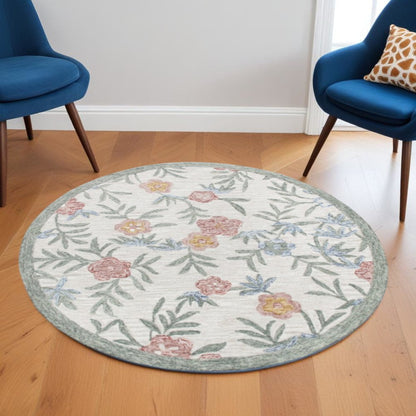 4' Round Gray Floral Traditional Area Rug