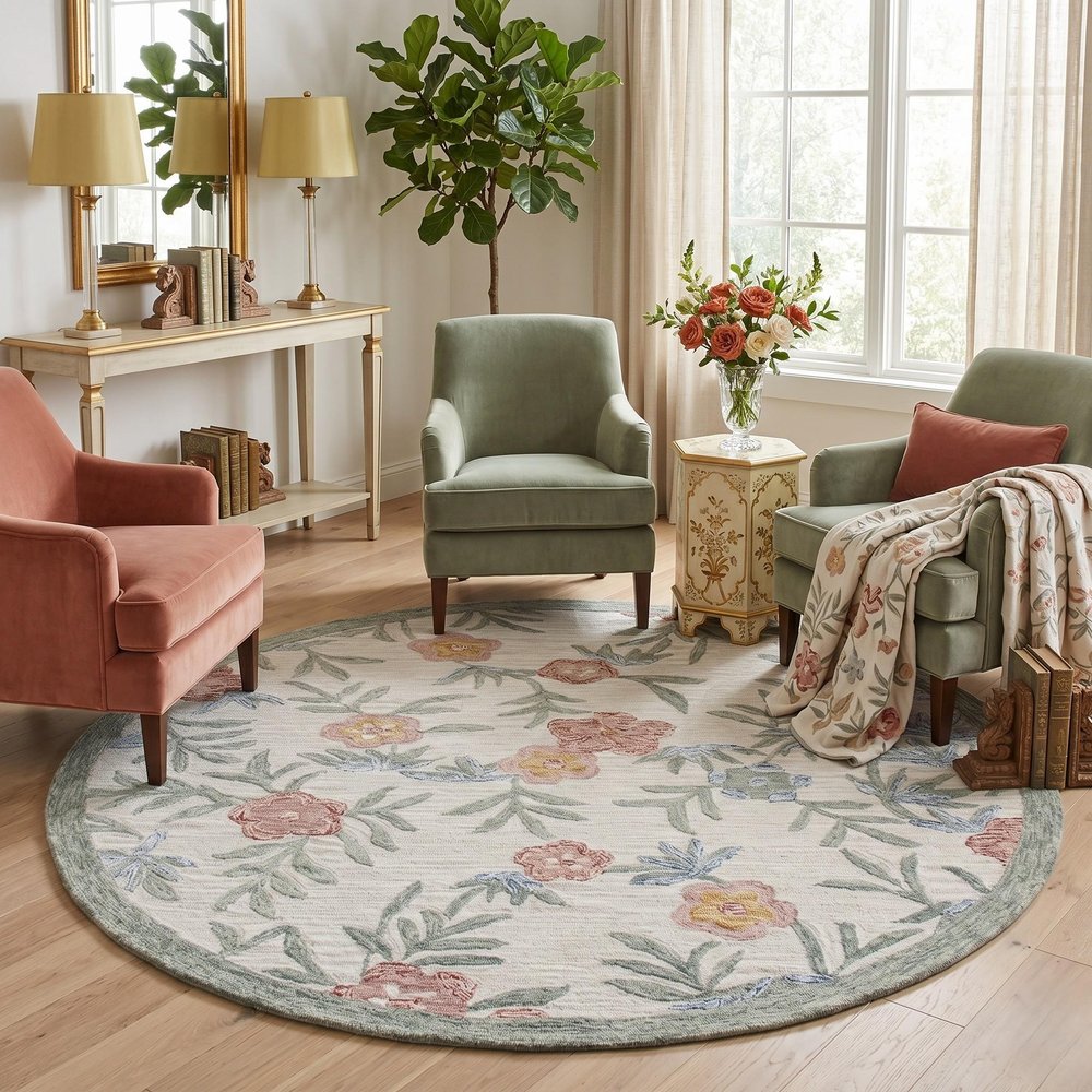 6' Ivory And Blue Round Wool Hand Hooked Handmade Area Rug