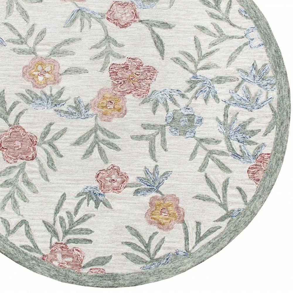 4' Round Gray Floral Traditional Area Rug