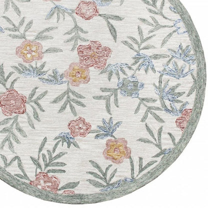 4' Round Gray Floral Traditional Area Rug