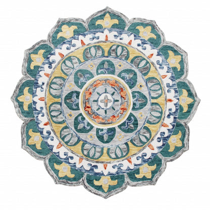 4' Round Teal Floral Mandala Area Rug