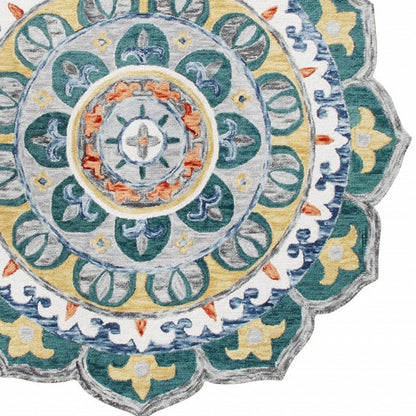6' Blue And Red Wool Hand Hooked Round Rug