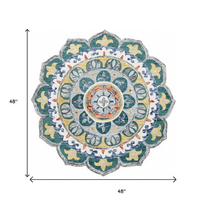 4' Round Teal Floral Mandala Area Rug