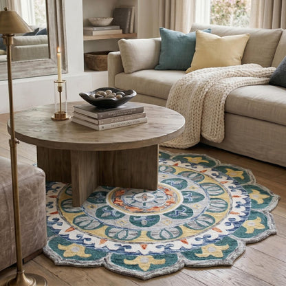 4' Round Teal Floral Mandala Area Rug