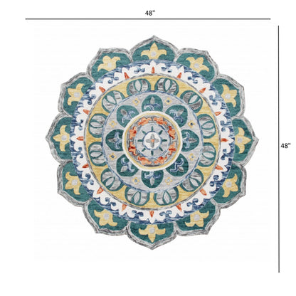 4' Round Teal Floral Mandala Area Rug