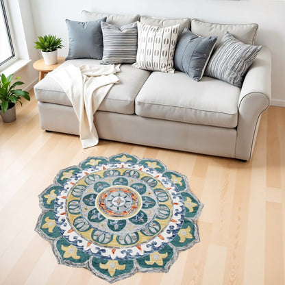 4' Round Teal Floral Mandala Area Rug