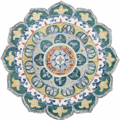 4' Round Teal Floral Mandala Area Rug