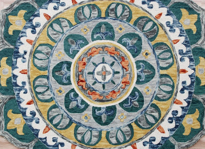 6' Blue And Red Wool Hand Hooked Round Rug