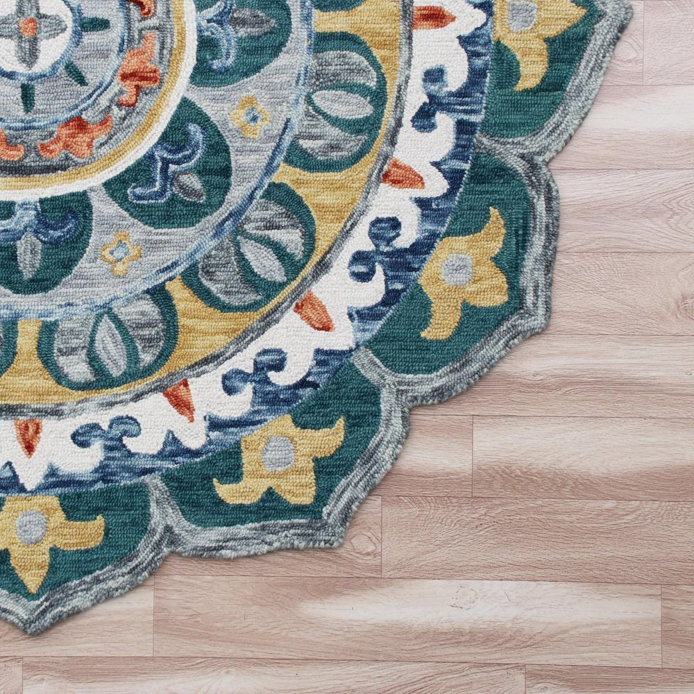 6' Blue And Red Wool Hand Hooked Round Rug