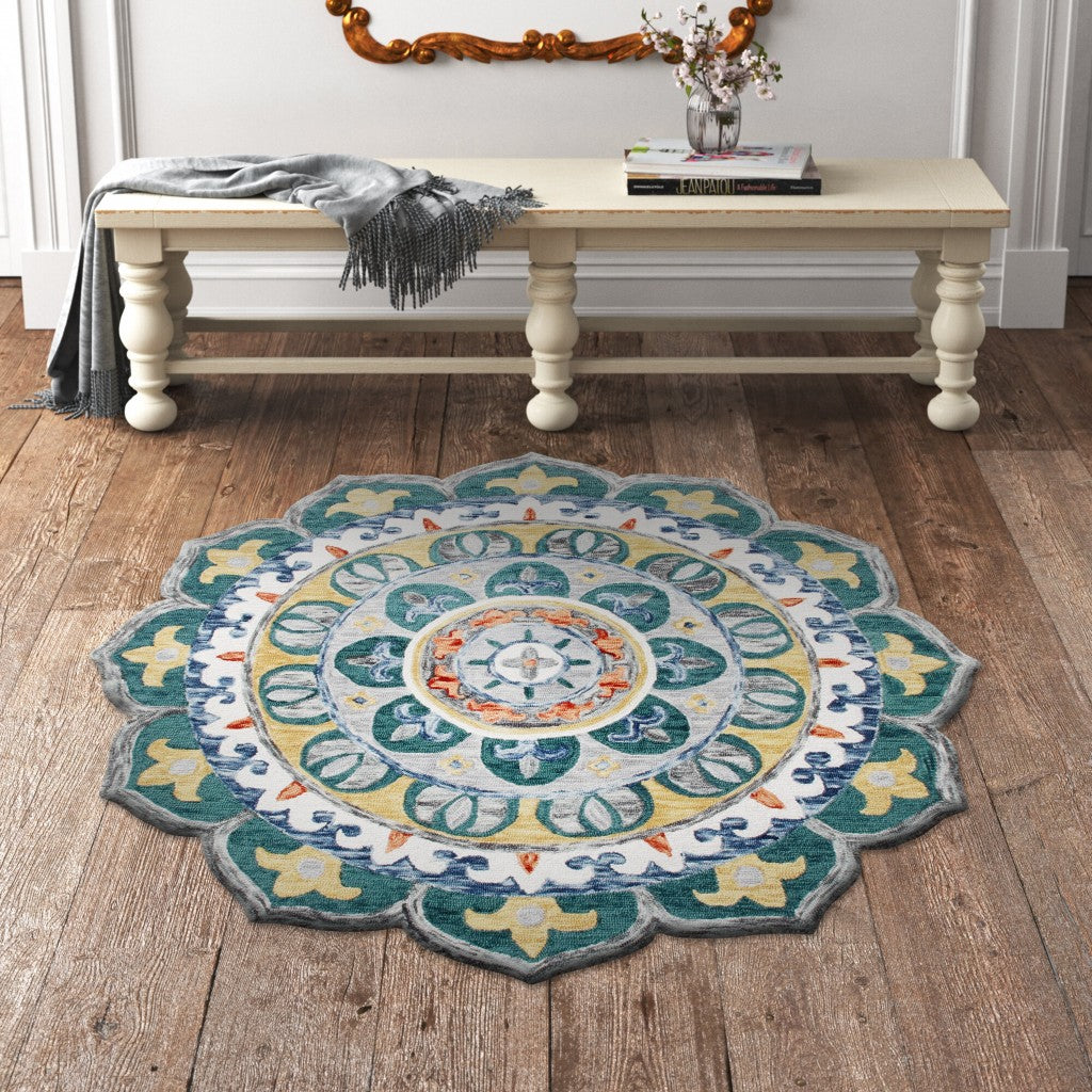 4' Round Teal Floral Mandala Area Rug