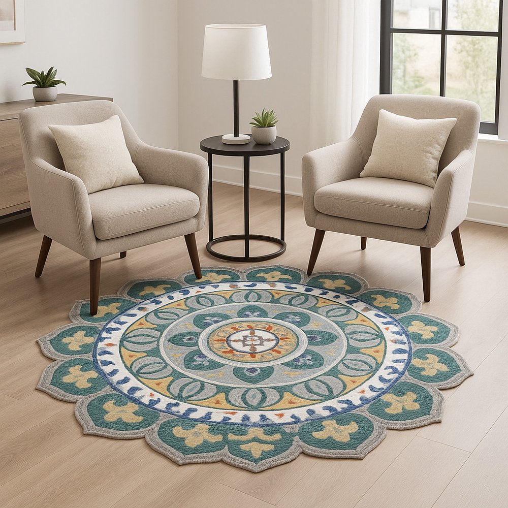 6' Blue And Red Wool Hand Hooked Round Rug